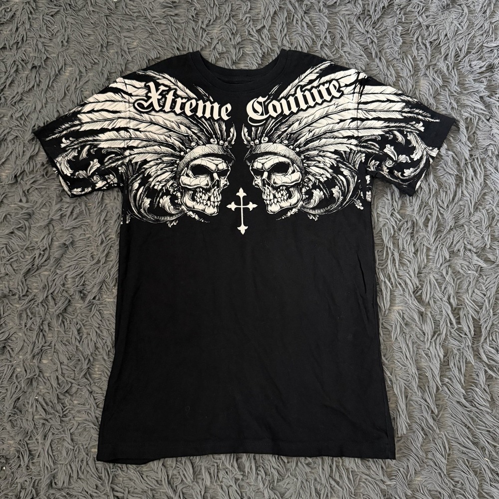 Xtreme Couture Double Skull Cross Shirt Men's Size Small Y2K Grunge Gothic
